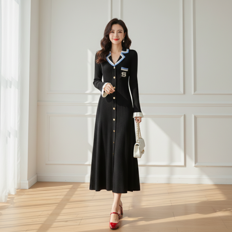 Model trägt ein schwarzes Maxikleid mit blauen und weißen Kragenakzenten, goldenen Knöpfen und strukturierter Silhouette im Studio.