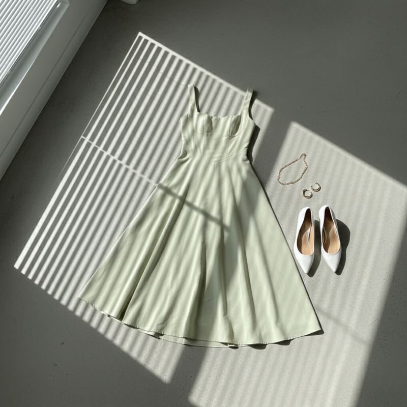 Beigefarbenes Damen-Midikleid mit fließender Passform und zeitloser Silhouette im Studio.