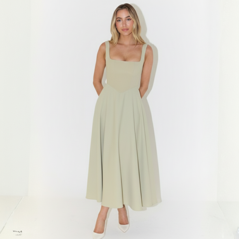 Model trägt ein hellgrünes Midikleid in einem lichtdurchfluteten Innenraum mit natürlichem Lichteinfall.