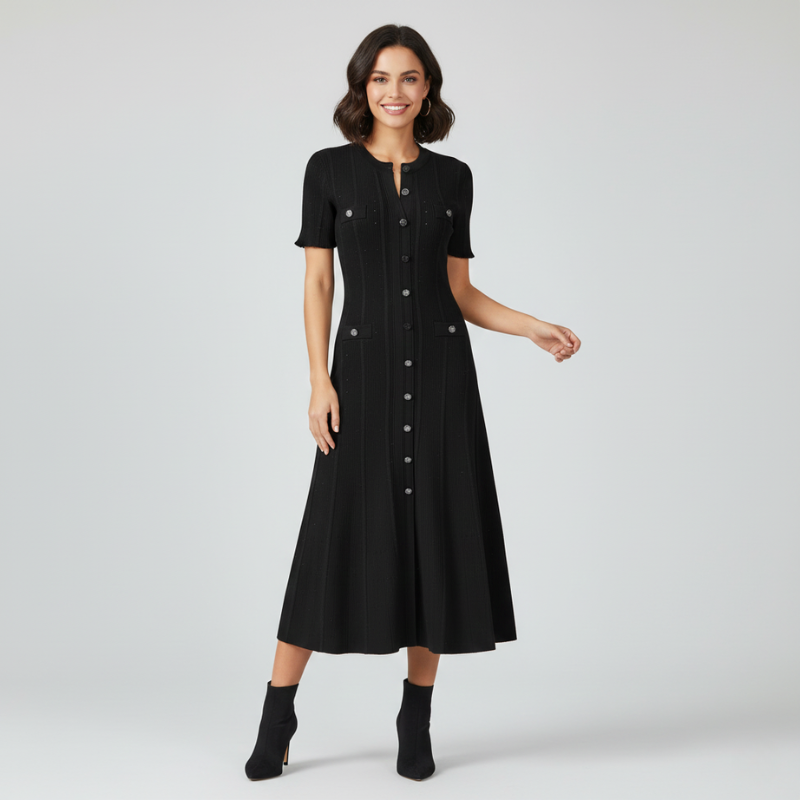 Model präsentiert ein schwarzes Midikleid mit ausgestelltem Rock in einer entspannten Studio-Pose.