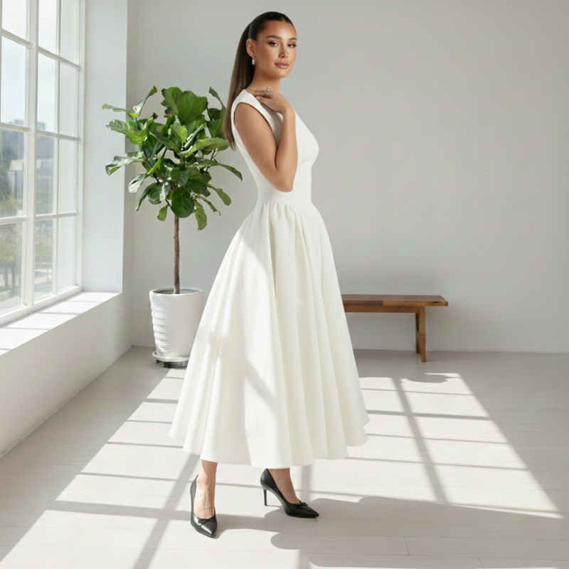 Model trägt ein weißes Midikleid in einem lichtdurchfluteten Innenraum mit natürlichem Lichteinfall.