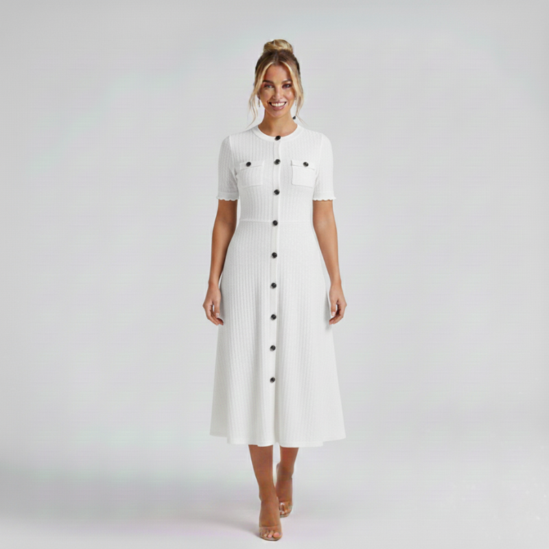 Weißes Damen-Midikleid mit femininer Silhouette, präsentiert in einer minimalistischen Studioaufnahme.