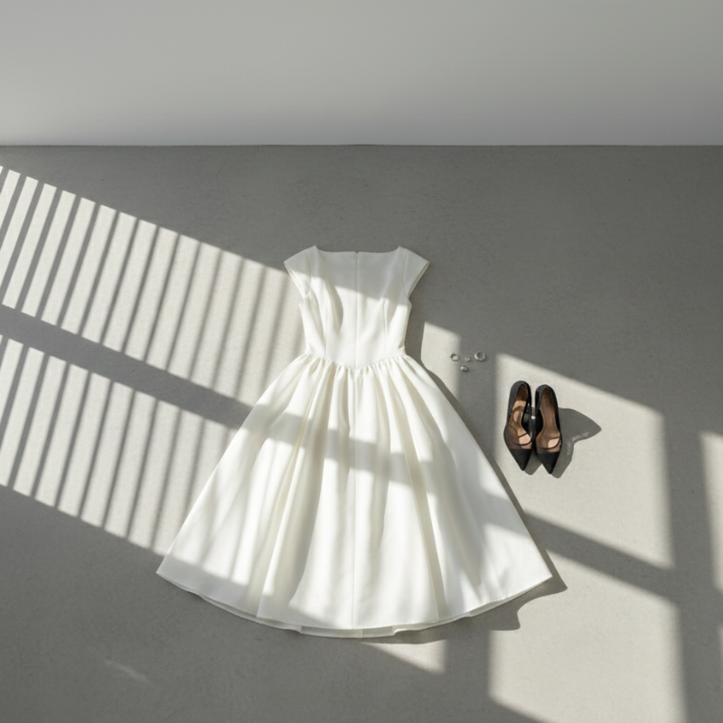 Weißes Midikleid mit passenden Accessoires als Flatlay auf hellem Untergrund arrangiert.