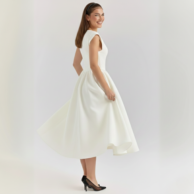 Seitenansicht eines weißen Damen-Midikleids mit fließendem Rock und zeitloser Silhouette.