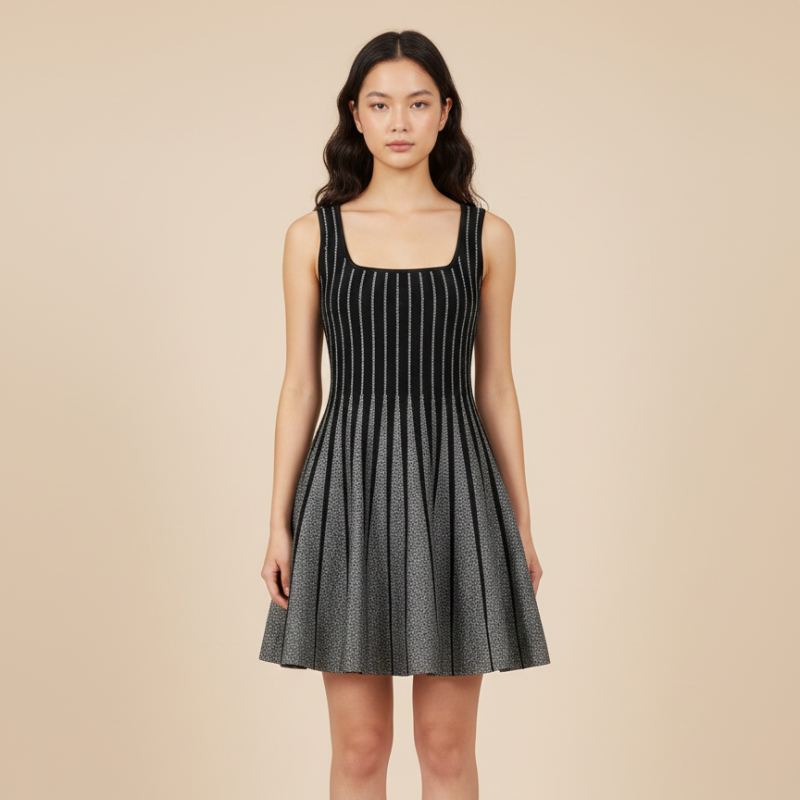 Model trägt ein schwarzes gestricktes Minikleid mit breiten Trägern, strukturiertem Oberteil und ausgestellt fallendem Rock vor neutralem Hintergrund.