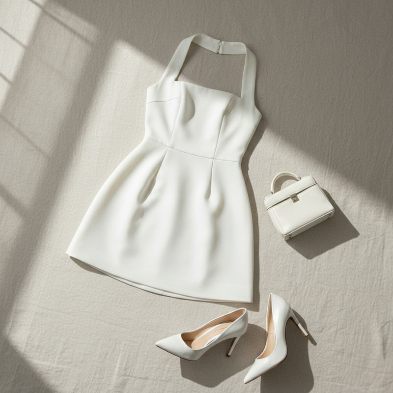 Weißes Minikleid mit passenden Accessoires als Flatlay auf hellem Untergrund arrangiert.