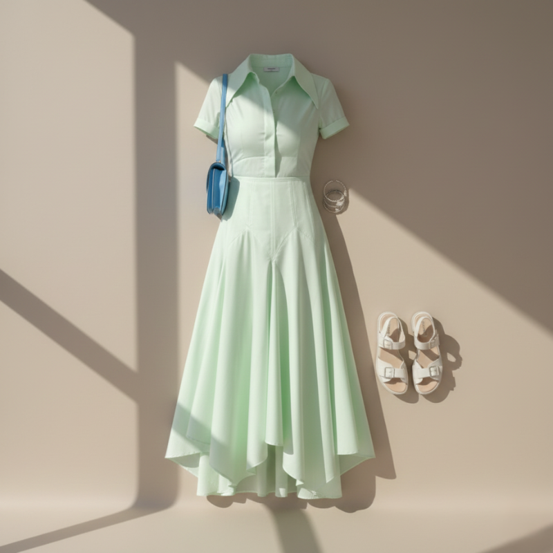 Model steht in hellem Innenraum und trägt ein mintgrünes Maxikleid mit klassischem Kragen und ausgestellter Form.