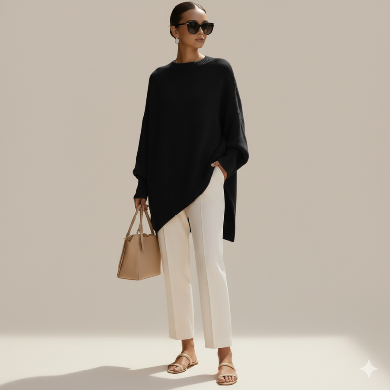 Model trägt ein schwarzes, locker geschnittenes Oberteil kombiniert mit weißer Stoffhose und Sandalen im Studio.