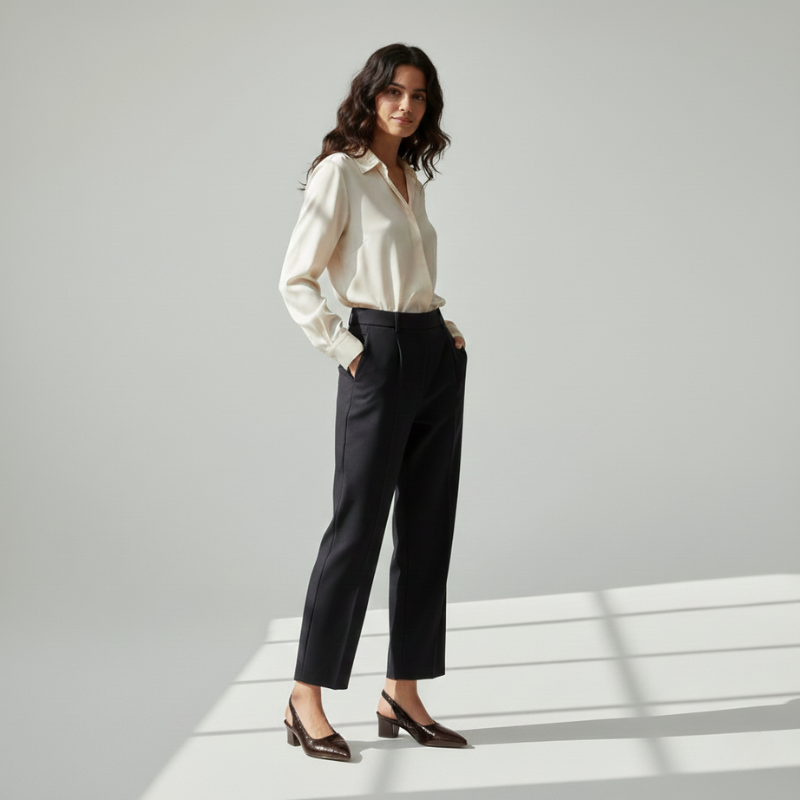 Frau trägt eine weiße Bluse, schwarze Hose und schwarze Slingback-Schuhe vor neutralem, hellgrauem Studiohintergrund.