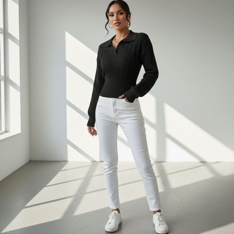 Frau trägt schwarzen Pullover und weiße Hose in heller Innenraumszene mit natürlichem Lichteinfall.