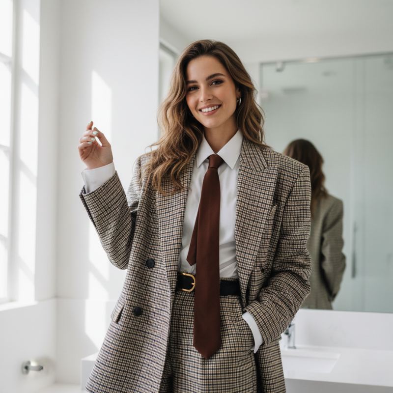 Model trägt einen braun karierten Oversize-Blazer mit weißem Hemd und Krawatte im hellen Studio für einen modernen Business-Look.