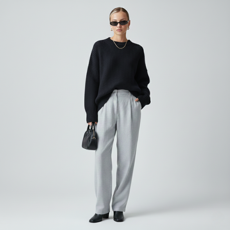 Schwarzer Oversize-Pullover mit lockerer Passform und minimalistischem Design, getragen von einem Model im neutralen Studio.