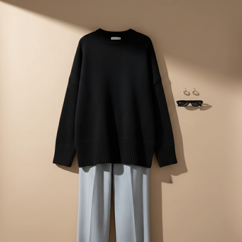 Rückansicht eines schwarzen Oversize-Pullovers mit weiter Silhouette und minimalistischem Design im hellen Studio.