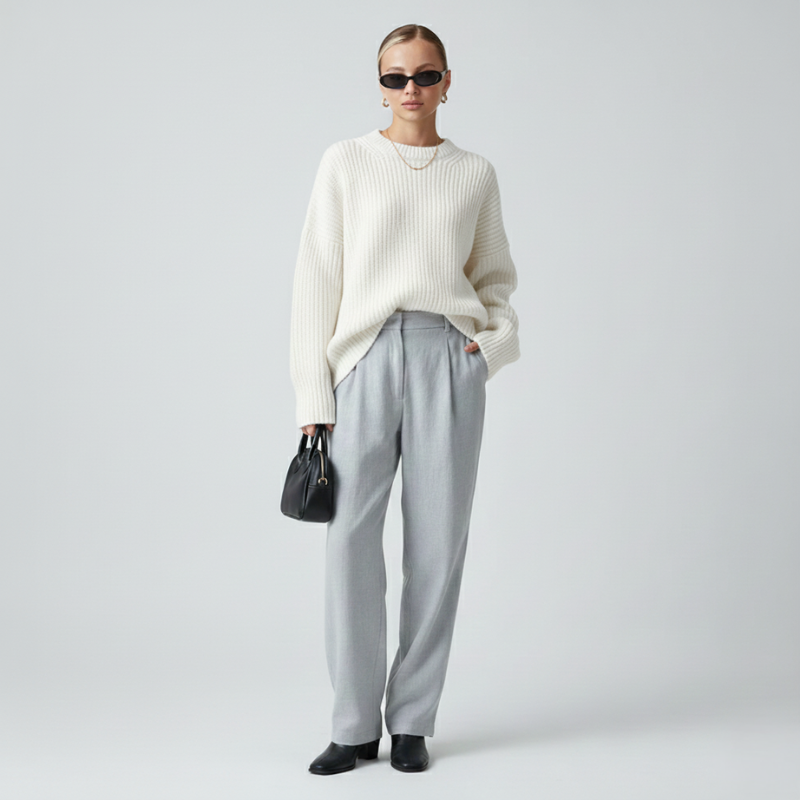 Weißer Oversize-Pullover mit lockerer Schnittführung und weicher Strickoberfläche, getragen im Studio.