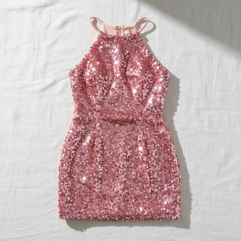 Rosafarbenes Paillettenkleid mit ärmellosem Schnitt flach präsentiert auf hellem Untergrund.