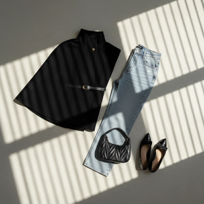 Schwarzer Damenponcho mit Gürtel, Hose und Accessoires als Flatlay auf hellem Untergrund arrangiert.