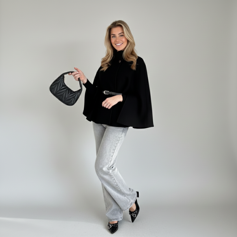 Ganzkörperansicht eines schwarzen Ponchos mit fließender Silhouette, kombiniert mit heller Hose vor neutralem Hintergrund.