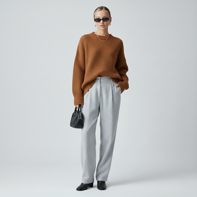 Model trägt einen braunen Oversize-Pullover mit weicher Strickstruktur und weiter Silhouette, kombiniert mit grauer Hose im Studio.
