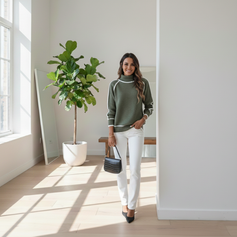 Model trägt einen grünen Pullover mit weißer Hose in einem lichtdurchfluteten Innenraum mit Pflanze.