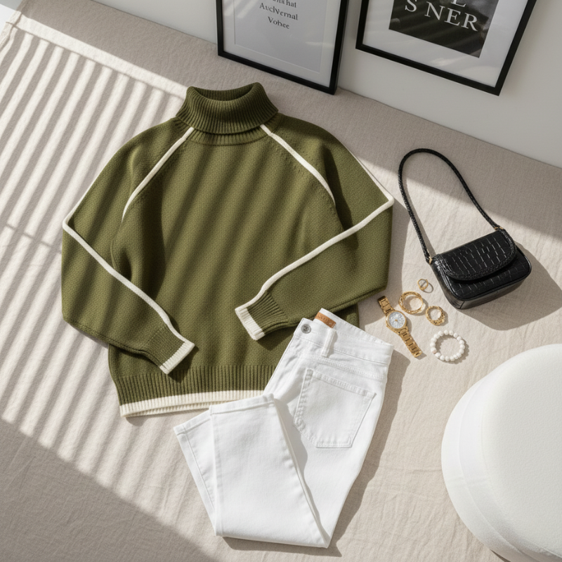 Grüner Damenpullover mit weißer Hose und passenden Accessoires als Flatlay auf hellem Untergrund.