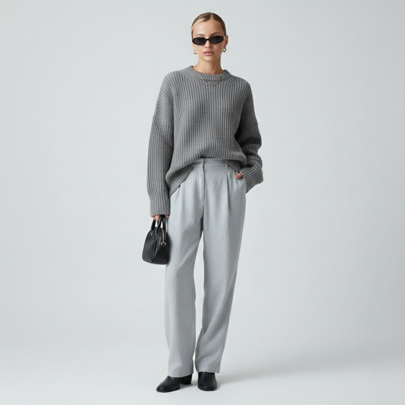 Grauer Oversize-Pullover mit entspannter Passform und strukturierter Oberfläche, kombiniert mit einer grauen Hose im Studio.