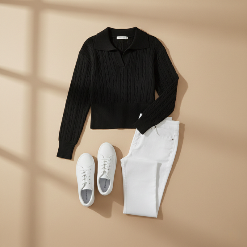 Schwarzer Damenpullover flach ausgelegt, kombiniert mit weißer Hose und minimalistischen Accessoires.