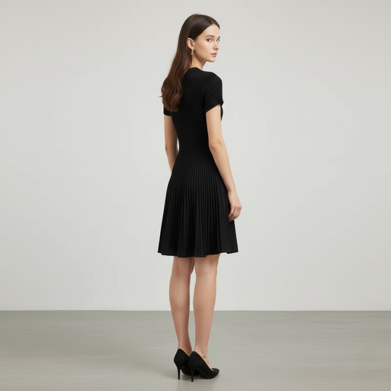 Model trägt ein schwarzes knielanges Plissékleid mit kurzem Ärmel und goldenen Knöpfen in neutralem Studio.