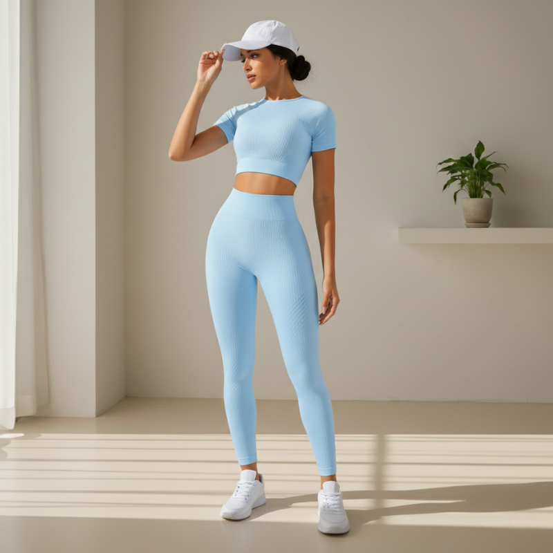 Frau zeigt das hellblaue Zweiteiler-Set aus seitlicher Perspektive.