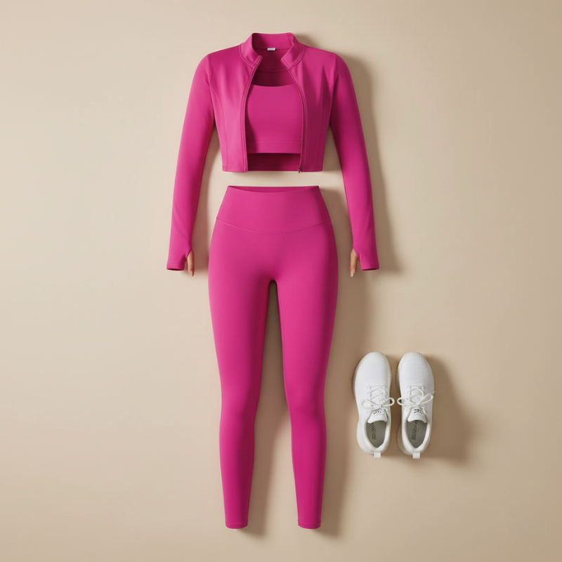 Pinkes zweiteiliges Sportset bestehend aus Crop-Top und Leggings flach ausgelegt auf hellem Hintergrund, kombiniert mit Sneakers.