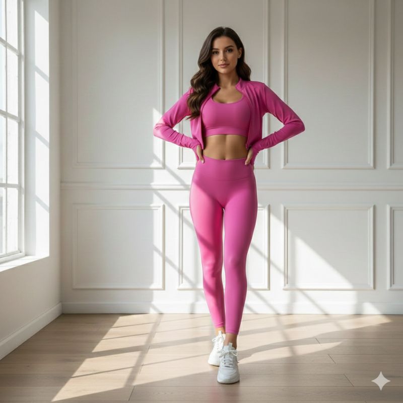 Pinkes zweiteiliges Sportset bestehend aus Crop-Top und Leggings flach ausgelegt auf hellem Hintergrund, kombiniert mit Sneakers.