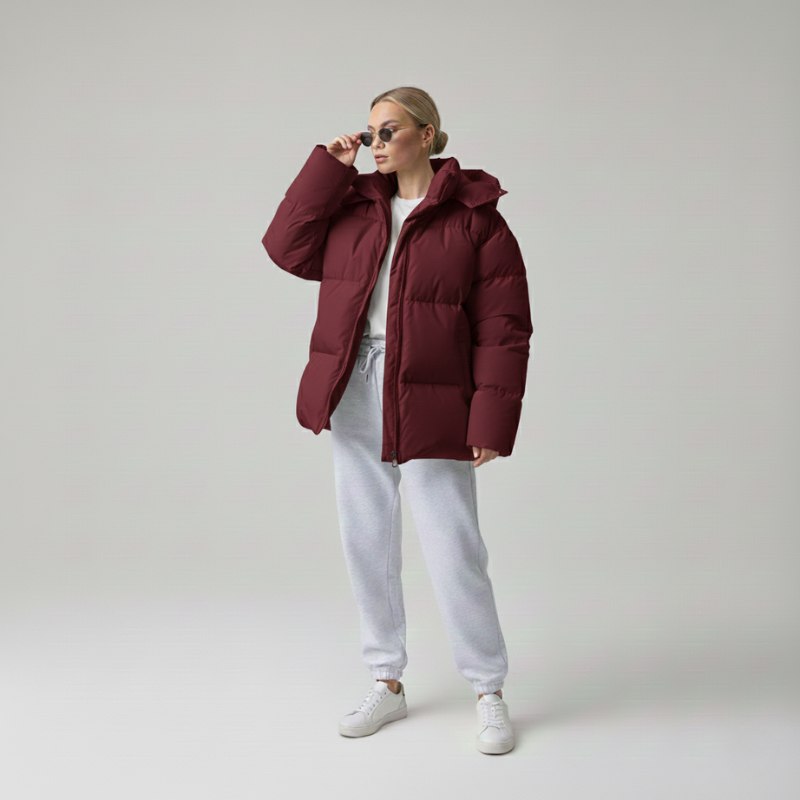 Bordeauxrote Damen-Steppjacke mit gesteppter Oberfläche, getragen mit heller Hose im Studio