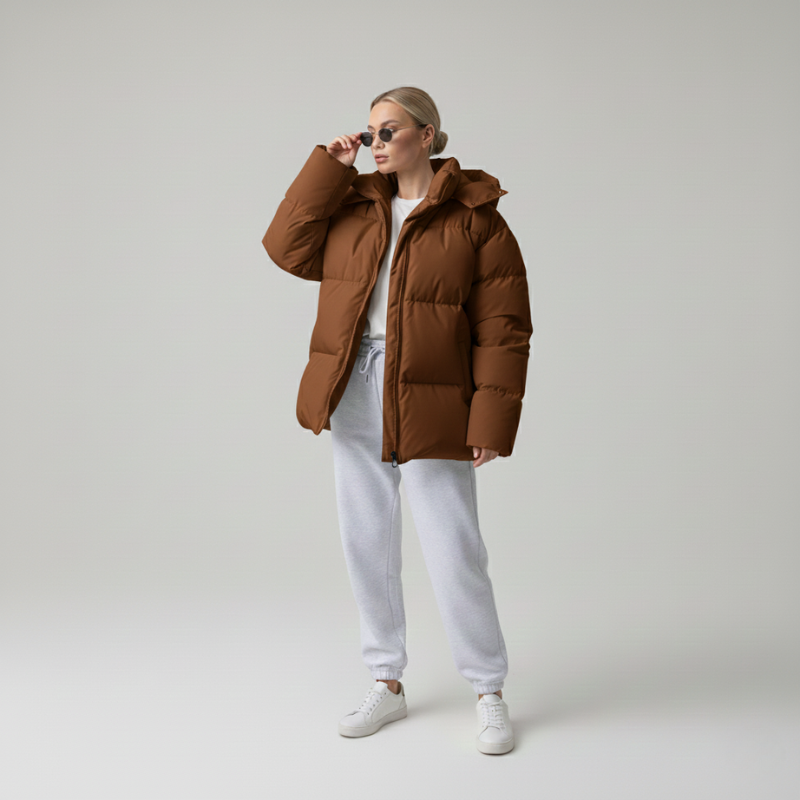 Braune Damen-Steppjacke mit hohem Kragen, kombiniert mit hellem Outfit in Studioaufnahme.