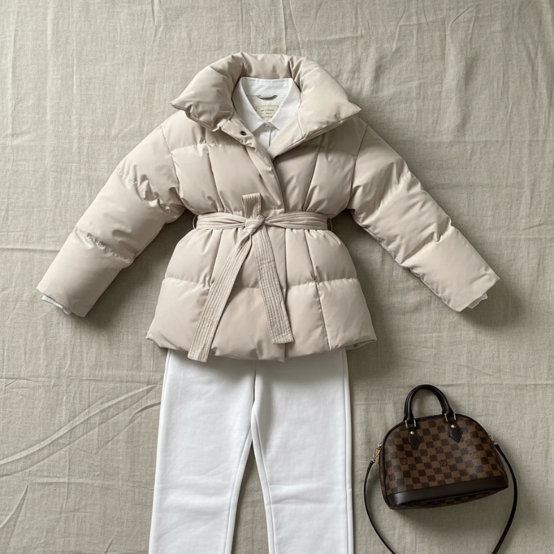 Cremefarbene Steppjacke mit Gürtel flach ausgelegt, zeigt Schnitt, Steppung und Gesamtform.