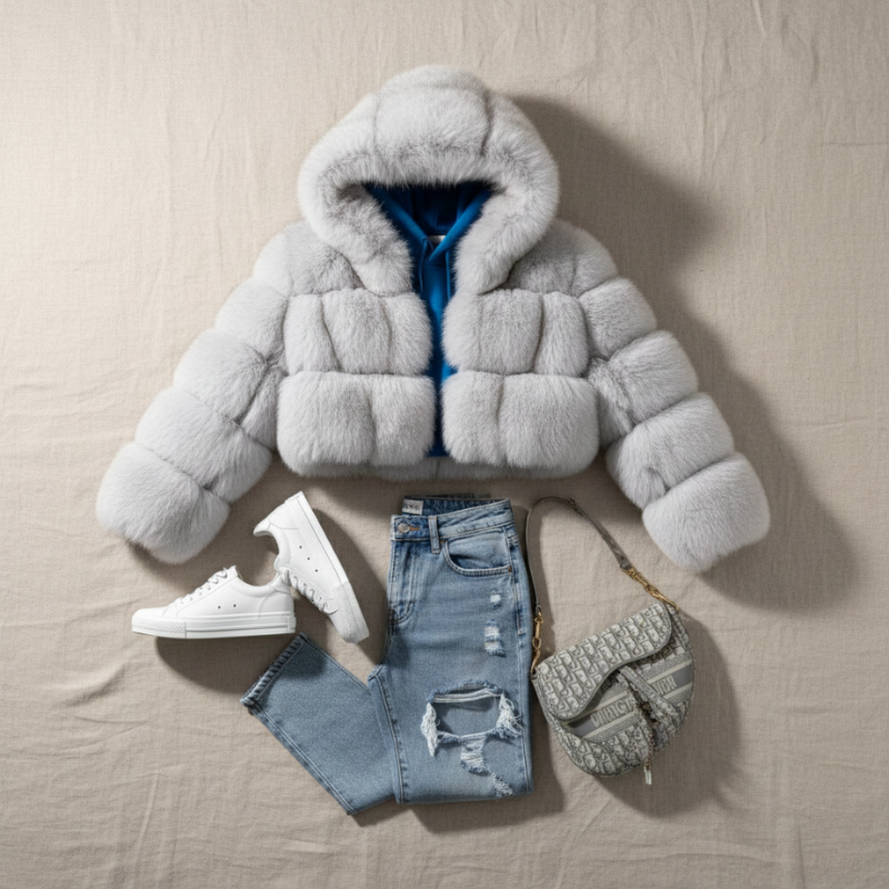 Steppjacke mit Kapuze flach ausgelegt, kombiniert mit Jeans und Oberteil auf neutralem Hintergrund.