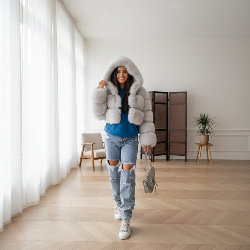 Steppjacke mit Kapuze flach ausgelegt, kombiniert mit Jeans und Oberteil auf neutralem Hintergrund.