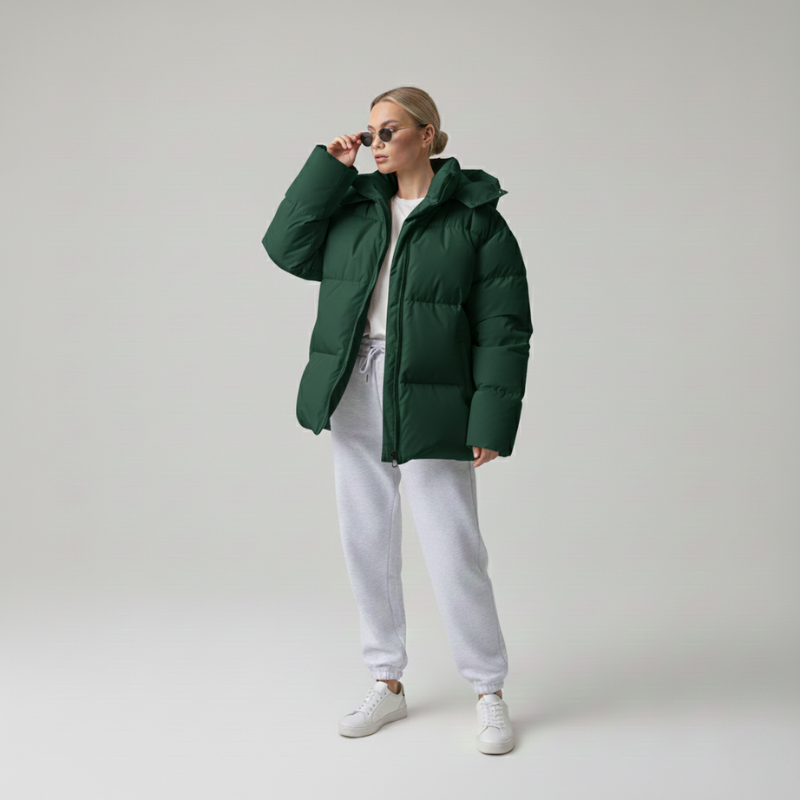 Model präsentiert eine grüne Damen-Steppjacke mit voluminösem Schnitt vor neutralem Hintergrund.