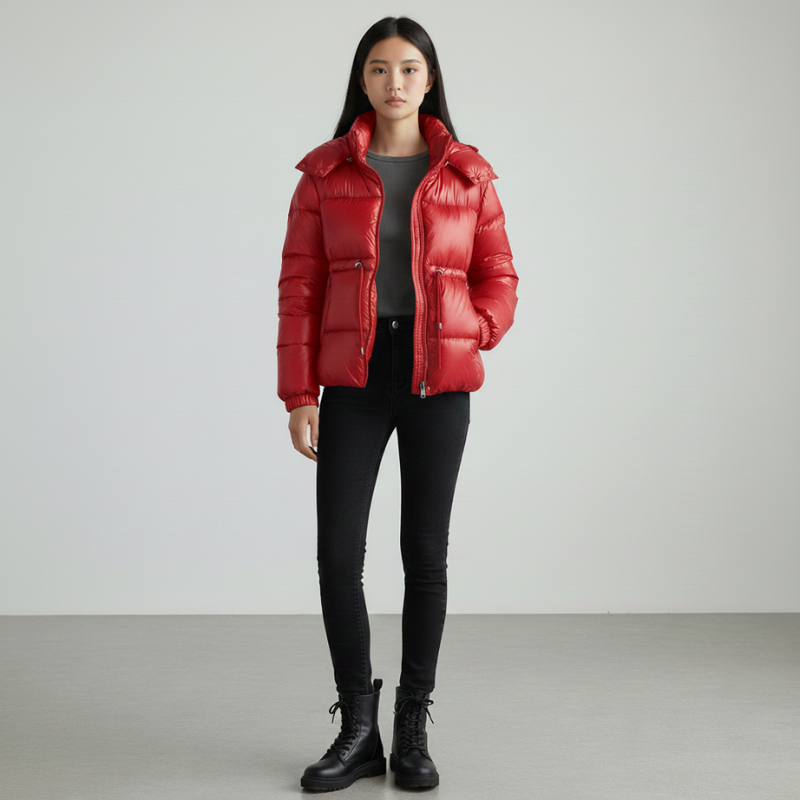 Frau präsentiert eine rote Steppjacke mit glänzender Oberfläche und sportlicher Silhouette vor neutralem Hintergrund.