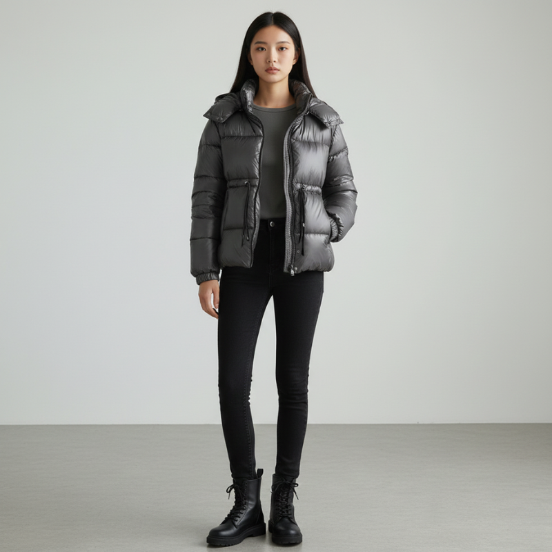 Model trägt eine schwarze Steppjacke kombiniert mit schwarzer Hose in heller Studioaufnahme.