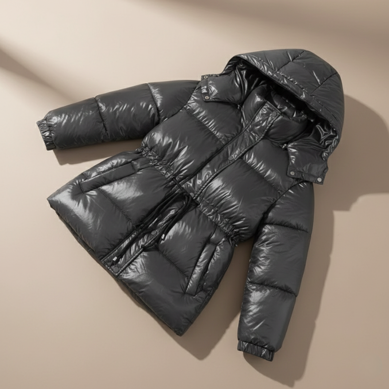 Frau posiert in schwarzer Steppjacke mit glänzendem Finish und gerader Passform im Studio.