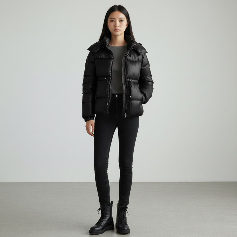 Model trägt eine schwarze, glänzende Steppjacke mit Reißverschluss und hoher Kragenform im Studio.