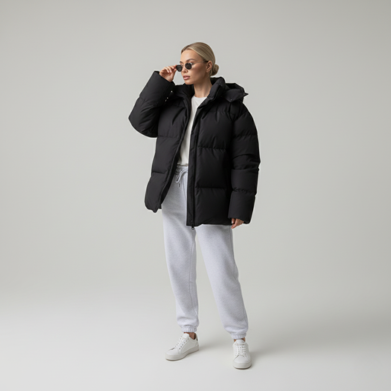 Ganzkörperansicht einer schwarzen Steppjacke mit lockerer Passform vor neutralem Hintergrund.