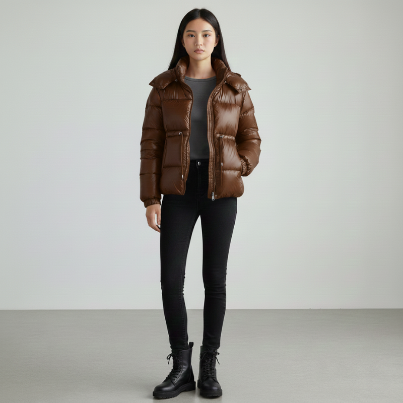 Schwarze Steppjacke mit glänzender Oberfläche, getragen von einem Model in aufrechter Studiohaltung.