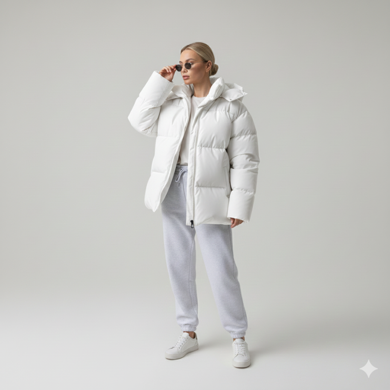Model trägt eine weiße Damen-Steppjacke mit gepolstertem Design und klarer Silhouette im Studio.
