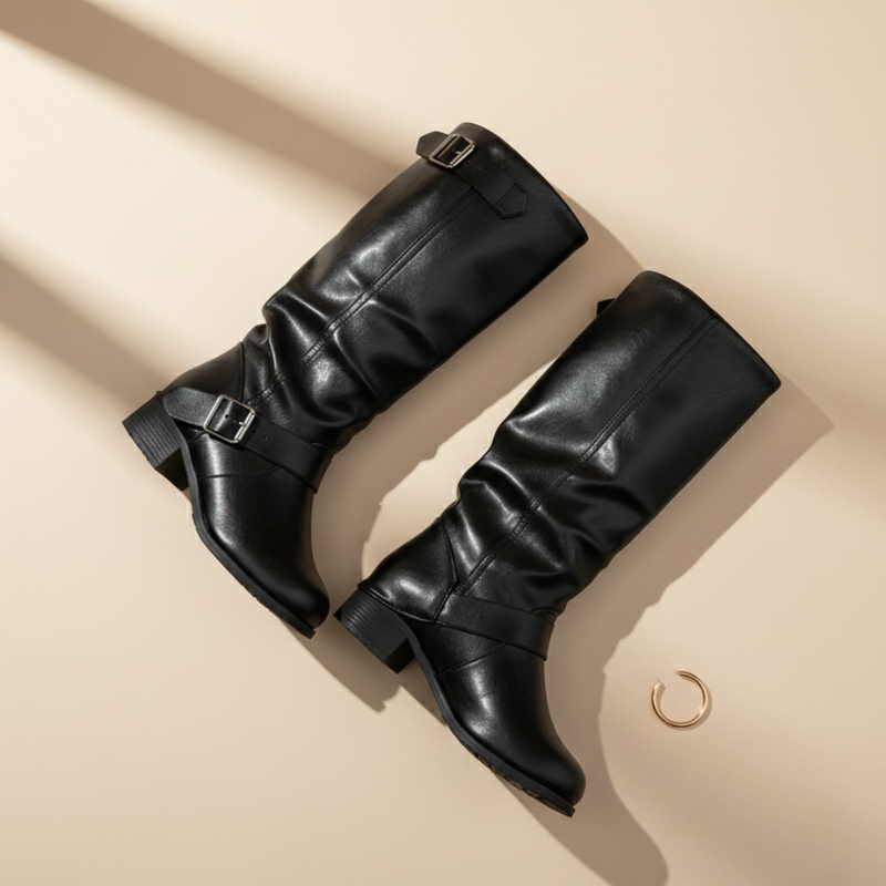 Kniehohe schwarze Stiefel mit Schnallen-Detail und glatter Oberfläche flach ausgelegt auf hellem Untergrund.