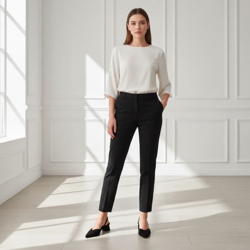 Model trägt eine schwarze, gerade geschnittene Stoffhose mit hoher Taille und schlichter Linienführung in einem hellen Innenraum.