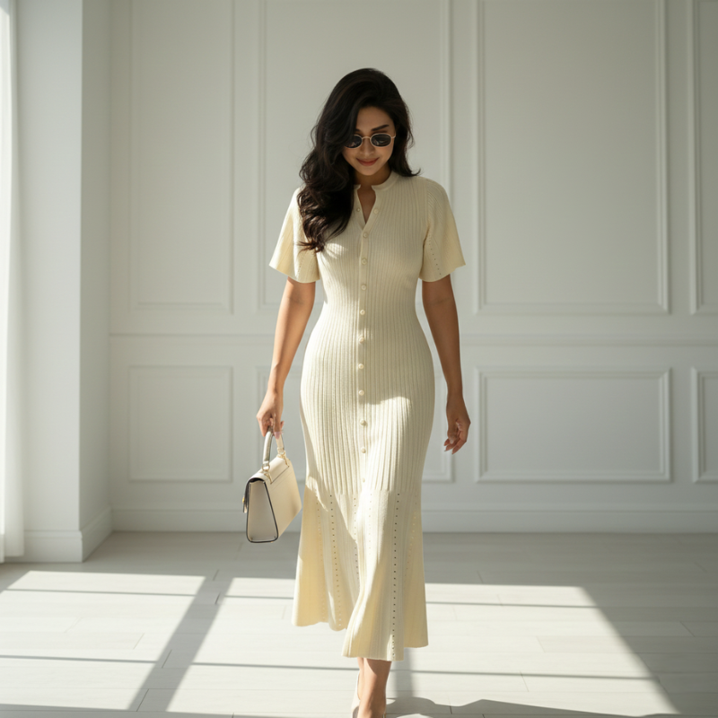 Model trägt ein beiges Strickkleid mit Rippenstruktur, Knopfleiste und femininer Linienführung in heller Studioaufnahme.