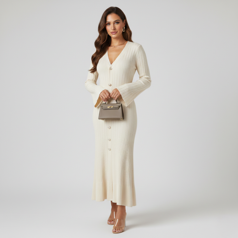 Model trägt ein elegantes beigefarbenes Strickkleid mit Knopfleiste und ausgestelltem Saum vor hellem Hintergrund.