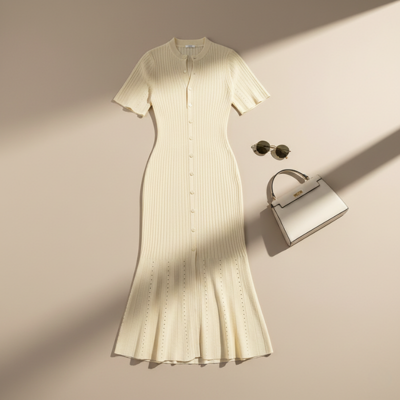 Beiges Strickkleid mit Knopfleiste und gerippter Struktur flach ausgelegt auf hellem Hintergrund, kombiniert mit Accessoires.