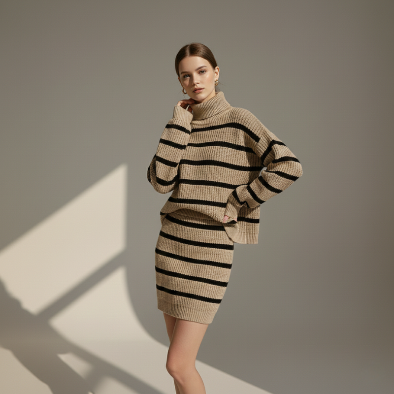 Frau präsentiert ein beigefarbenes gestreiftes Strickkleid mit lockerer Passform und Rollkragen.