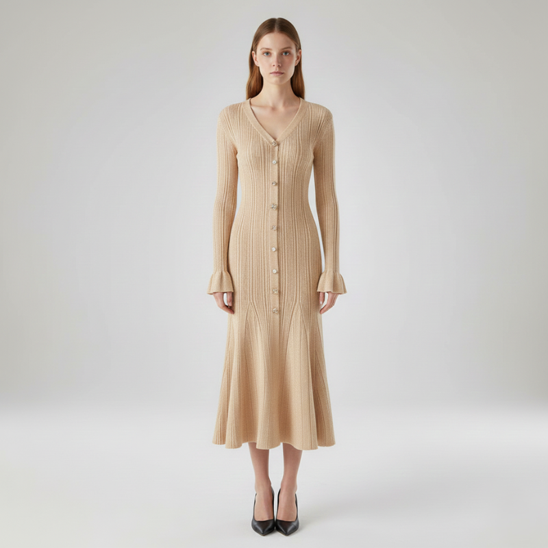 Model trägt ein beigefarbenes langes Strickkleid mit Knopfleiste und warmer Strickstruktur im hellen Studio.
